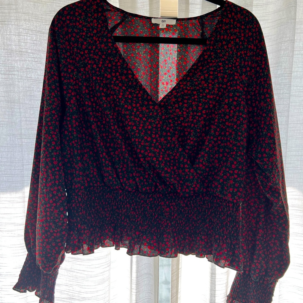 BP Rose Print Wrap Long Sleeve Top